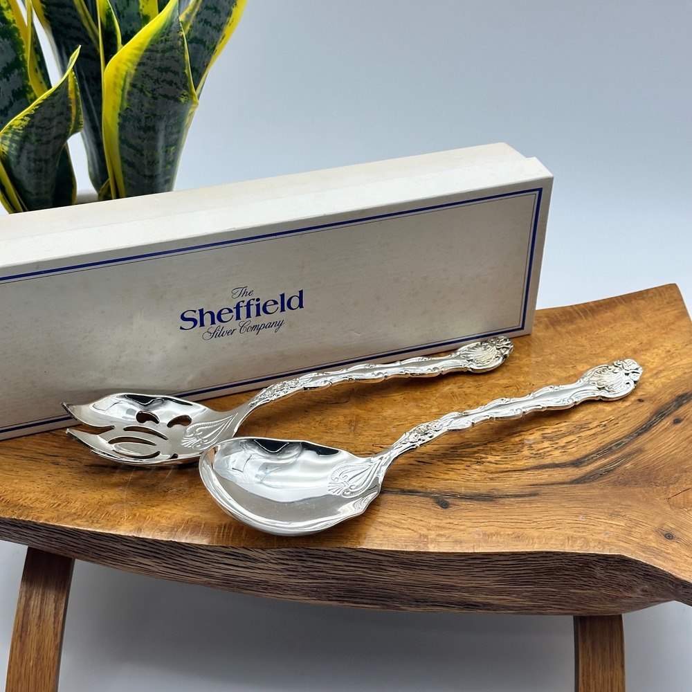 Sheffield Silver Co Italy Silverplate Salad Serving Set Floral Scroll 2pc 9.5"